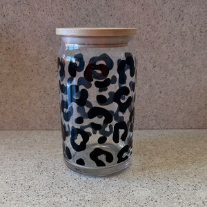 Leopard Print Glass with Wooden Lid